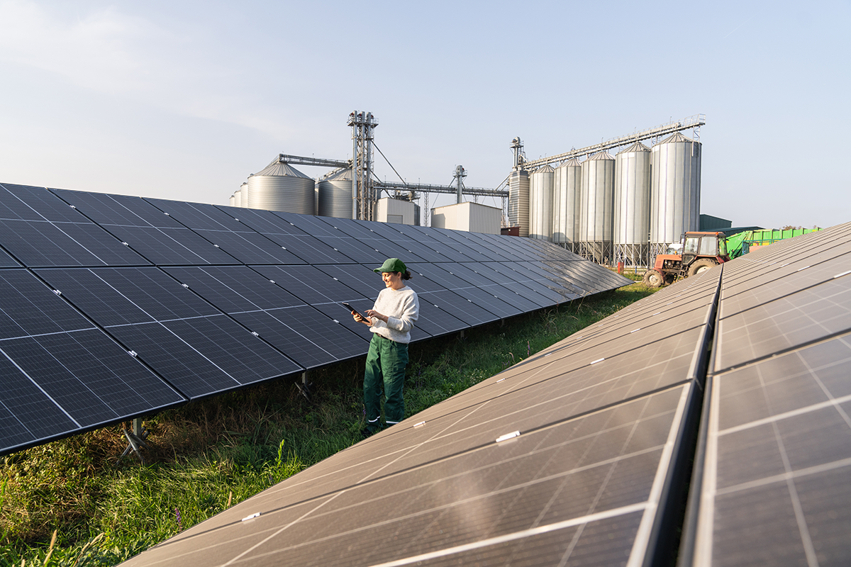 Woman between solar panels on a farm with silos in the distance on a clear day