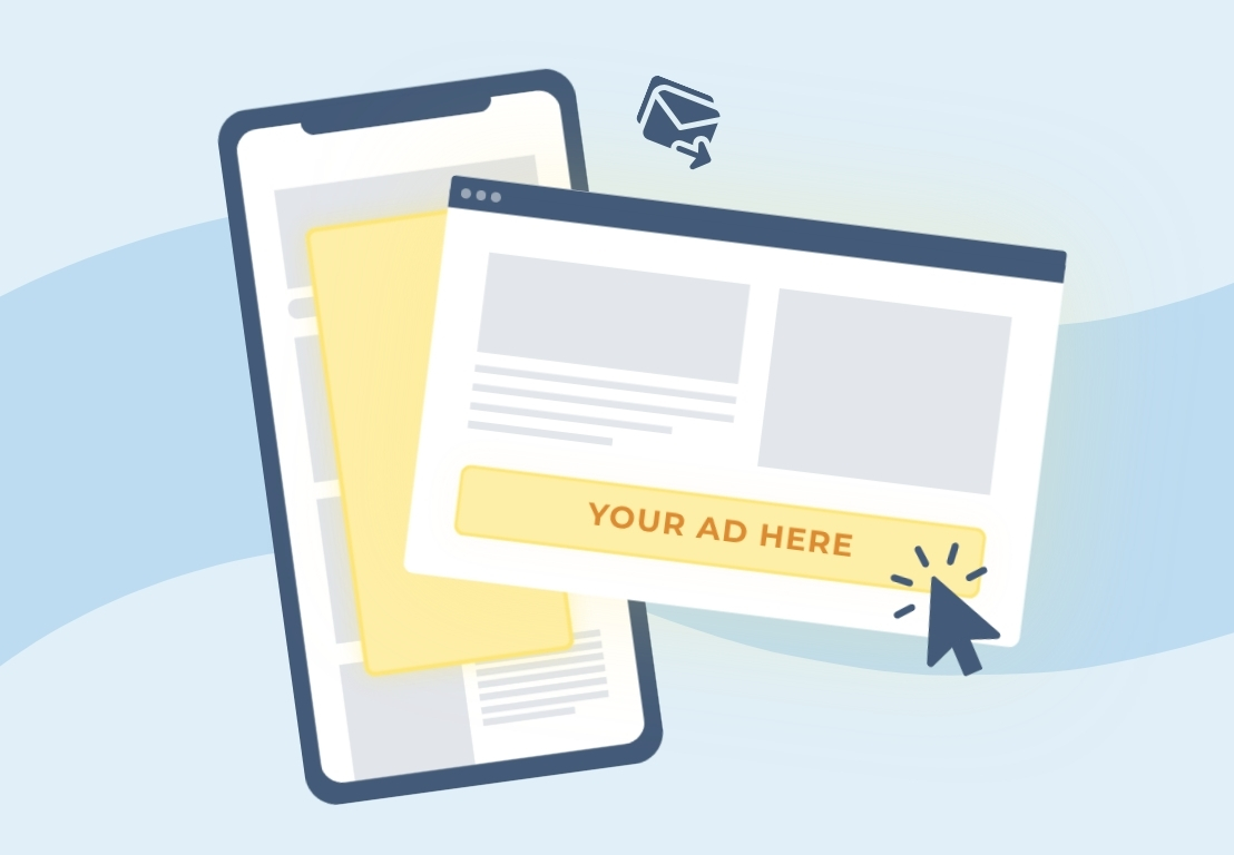 Digital illustration of an ad on a phone and on a web brower