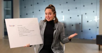 Still of SEIA storage expert with printout of common energy storage questions